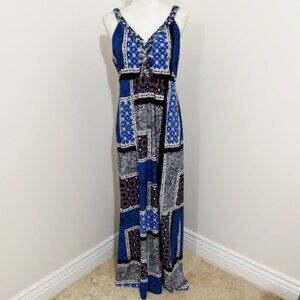 Style & Co Blue Multi Paisley Sleeveless Maxi Dress Braided Straps Size L